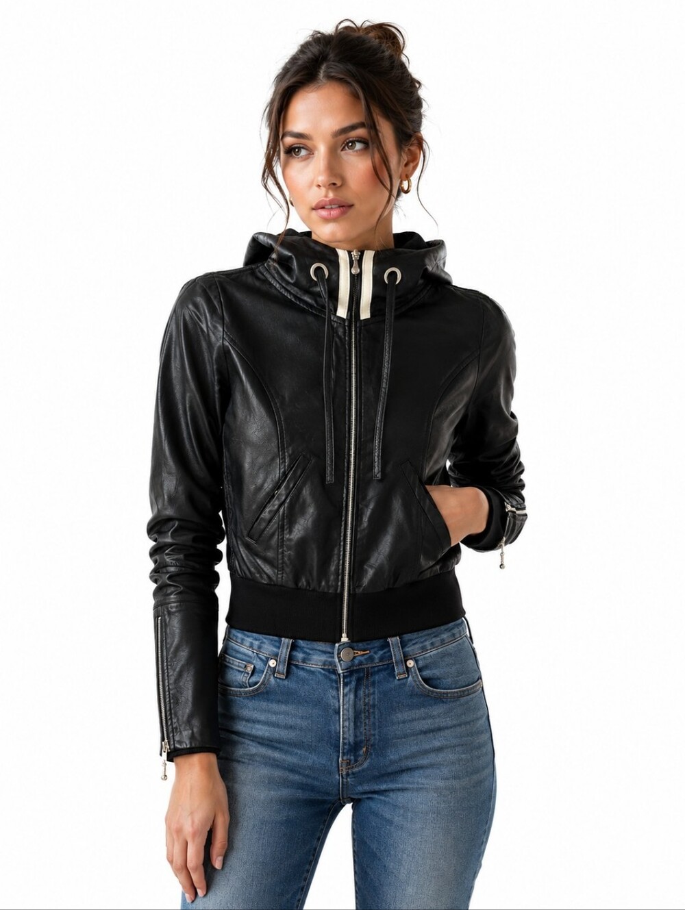 Blink Black  Leather Hooded Jacket Size 2XS